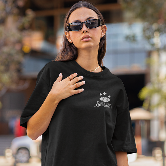 SOULS SOLD SEPARATELY EMBROIDERED LOGO UNISEX OVERSIZED T-SHIRT (WHITE THREAD)